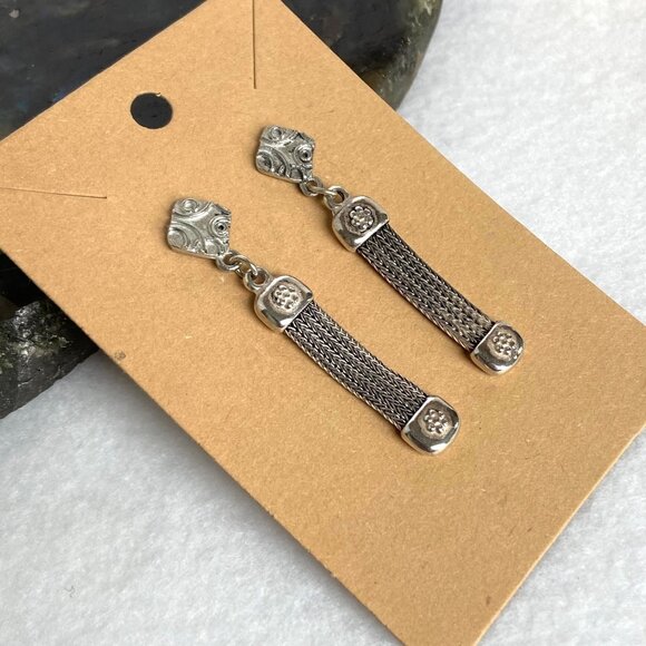 Signed Greek Pipis Sterling Silver 925 Foxtail Chain Dangle Drop Earrings - Picture 12 of 16